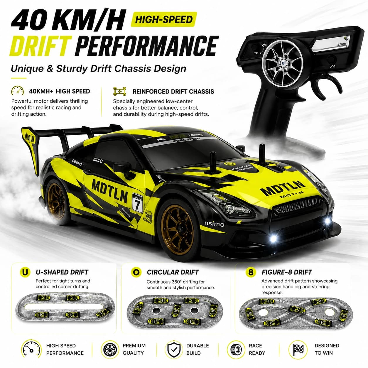 Nextronix 40 km/h High-Speed 1:16 Scale 4WD RC Drift Car | 2.4GHz Remote Control Racing Car with LED Lights & Rechargeable Battery 4