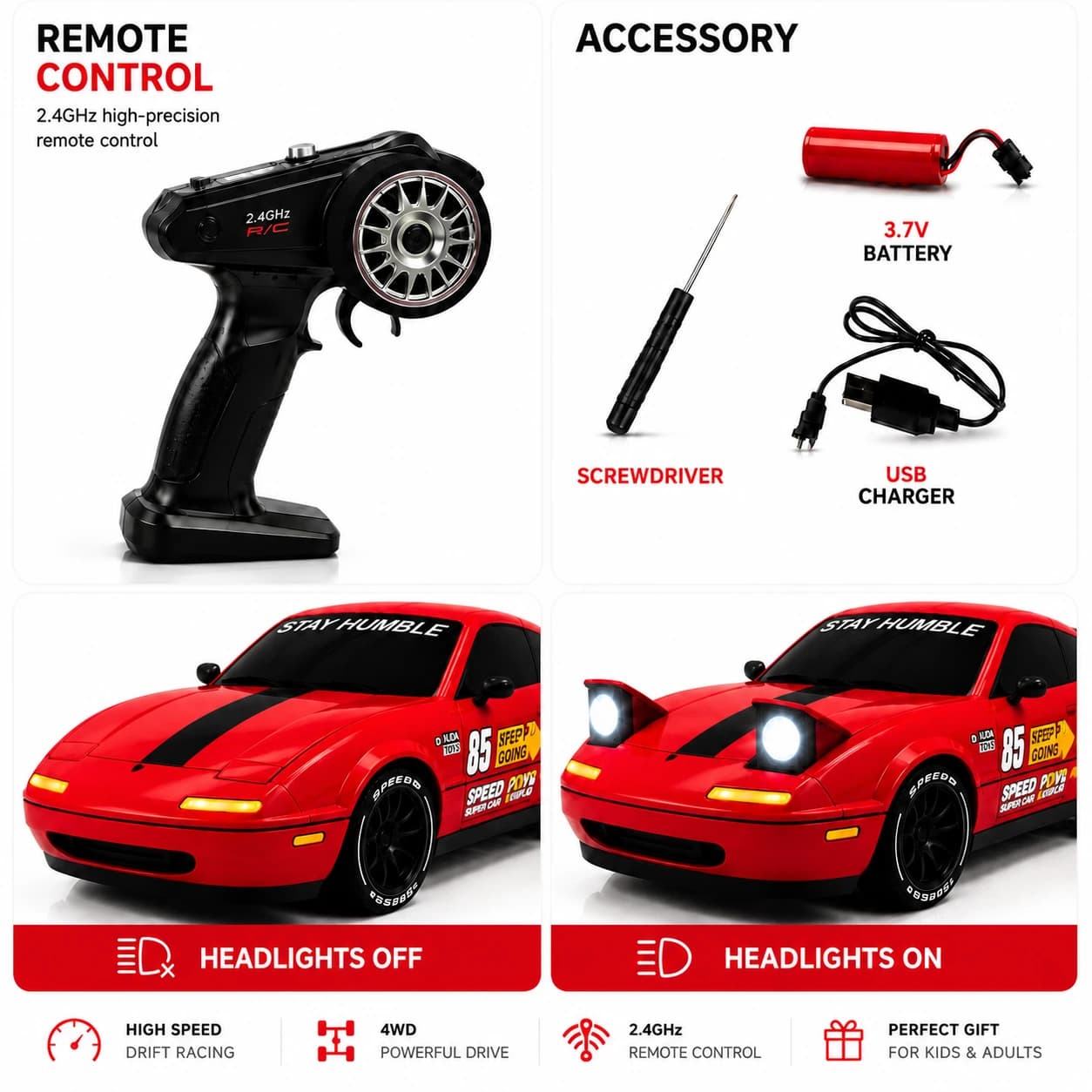 Nextronix SpeedX 1:24 RC Drift Car with Smoke | 2.4GHz Remote | USB Rechargeable | LED Lights | Extra Drift Tires 2
