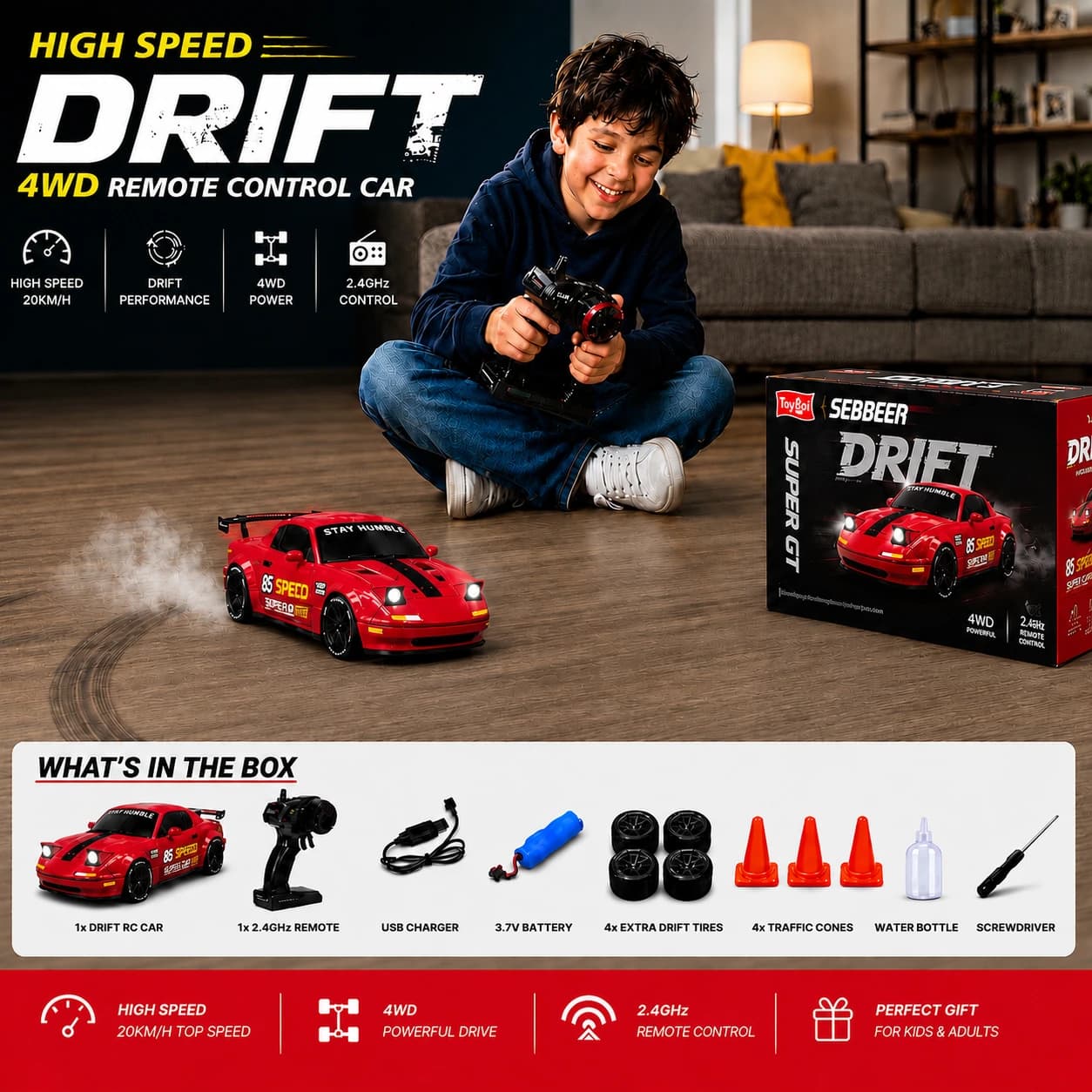 Nextronix SpeedX 1:24 RC Drift Car with Smoke | 2.4GHz Remote | USB Rechargeable | LED Lights | Extra Drift Tires 6