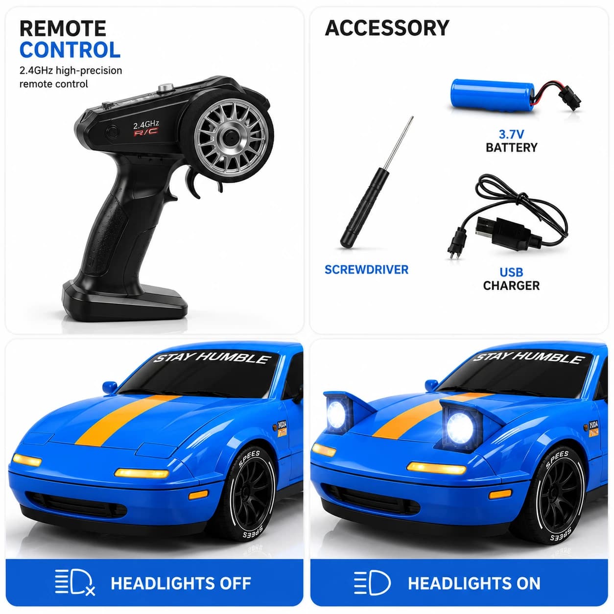 Nextronix SpeedX 1:24 RC Drift Car with Smoke | 2.4GHz Remote | USB Rechargeable | LED Lights | Extra Drift Tires 3