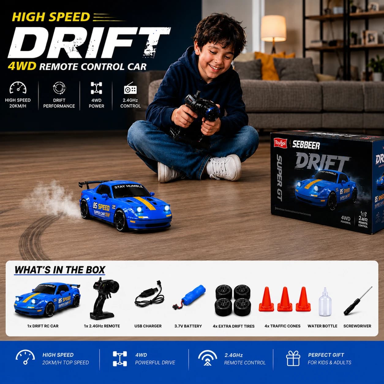 Nextronix SpeedX 1:24 RC Drift Car with Smoke | 2.4GHz Remote | USB Rechargeable | LED Lights | Extra Drift Tires 6