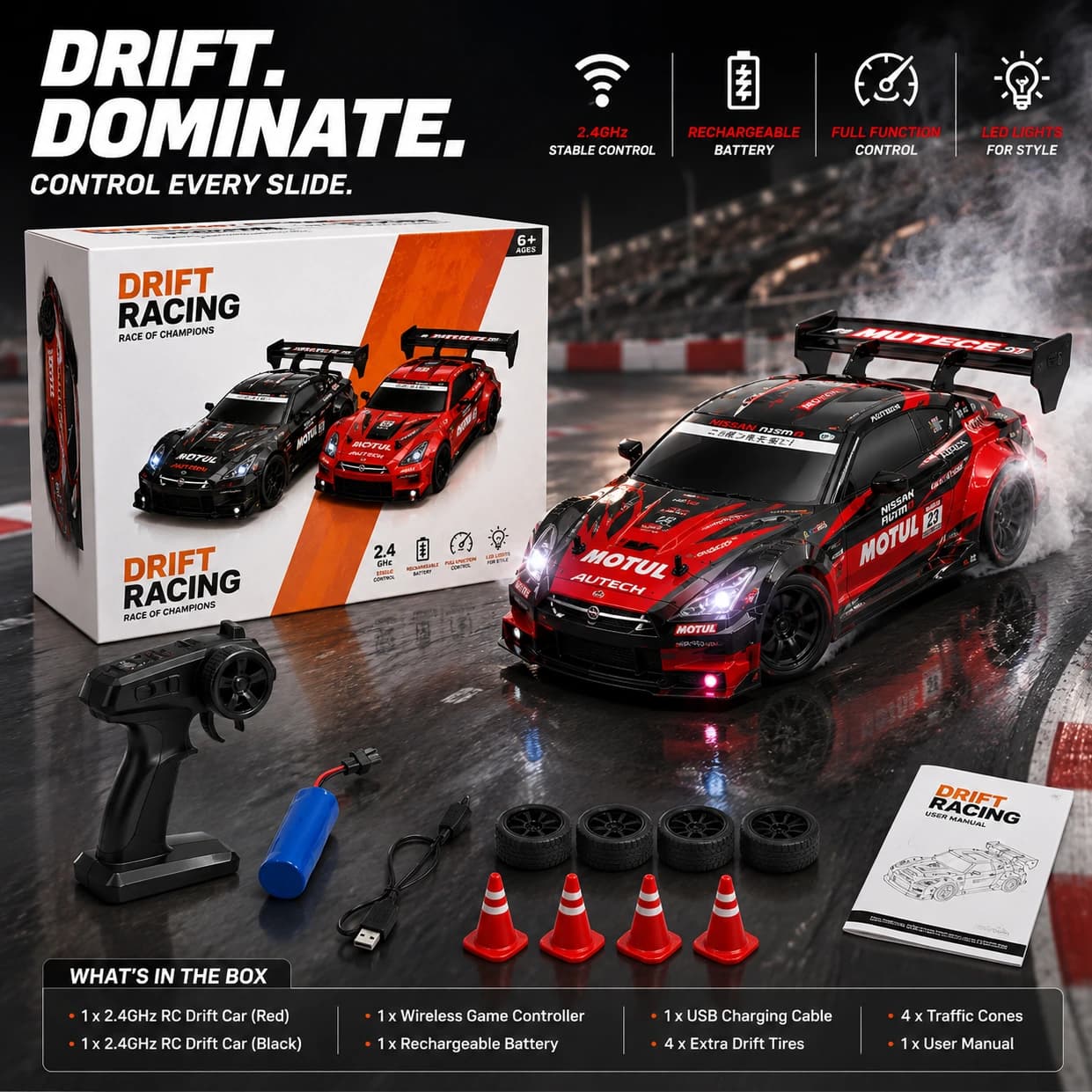 Nextronix 1:24 RC Drift Car | 24 km/h High Speed | 2.4GHz Remote | USB Rechargeable | LED Lights | Extra Drift Tires 6