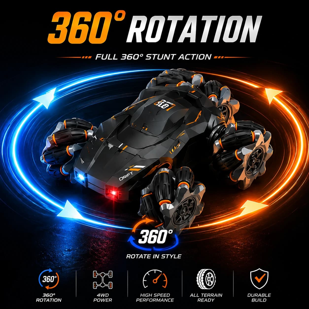 Nextronix 2.4GHz RC Stunt Drift Car | 360° Double-Sided Rotating 4WD | LED Lights | USB Rechargeable | All-Terrain Off-Road Remote Control Car for Kids 3