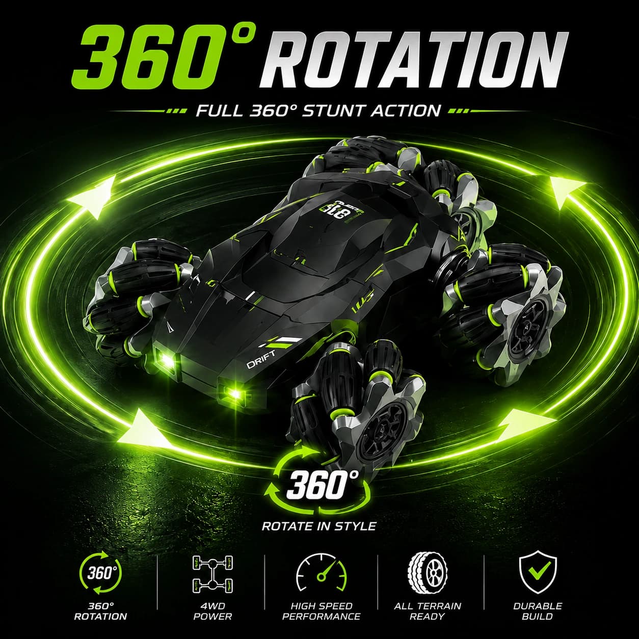 Nextronix 2.4GHz RC Stunt Drift Car | 360° Double-Sided Rotating 4WD | LED Lights | USB Rechargeable | All-Terrain Off-Road Remote Control Car for Kids 3
