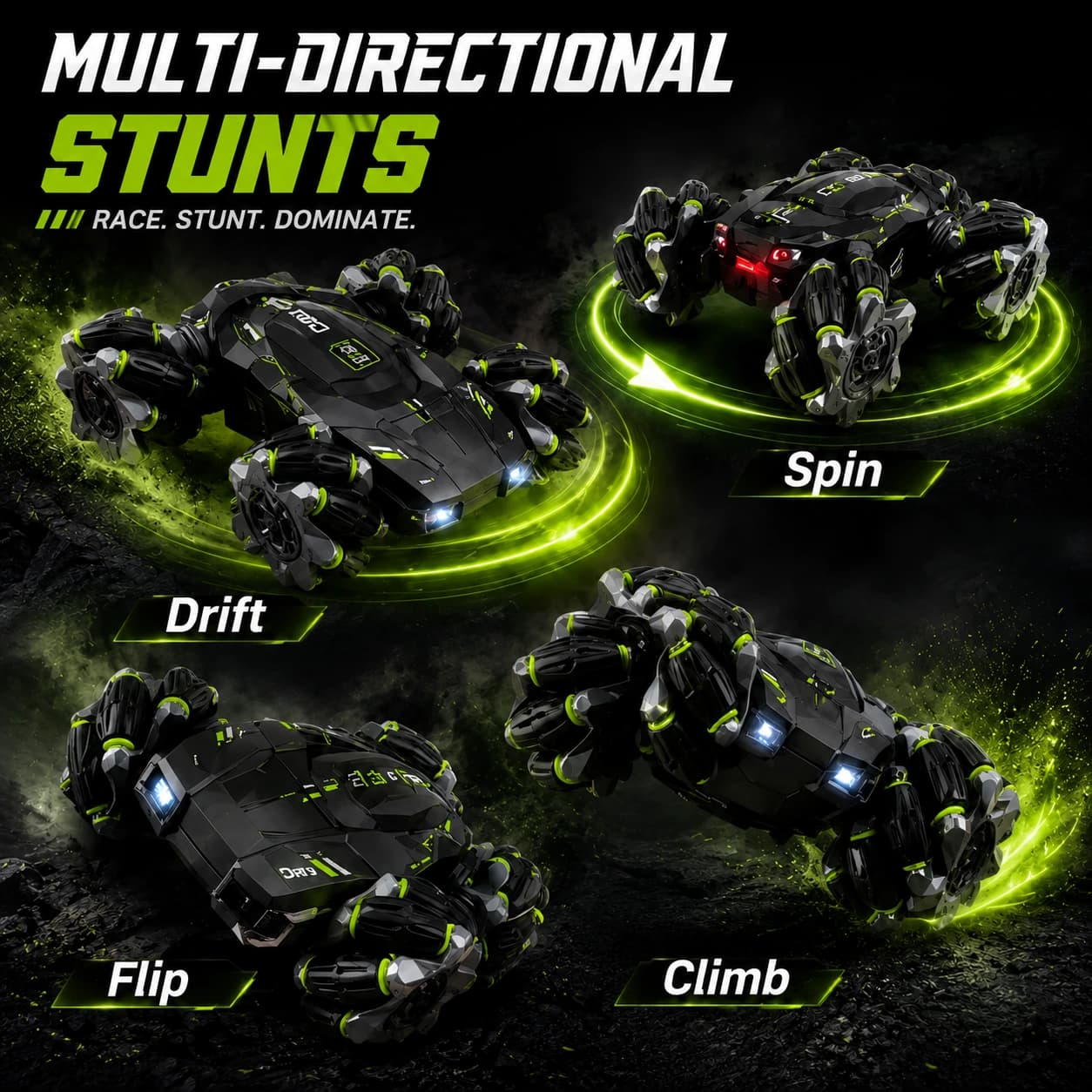 Nextronix 2.4GHz RC Stunt Drift Car | 360° Double-Sided Rotating 4WD | LED Lights | USB Rechargeable | All-Terrain Off-Road Remote Control Car for Kids 4