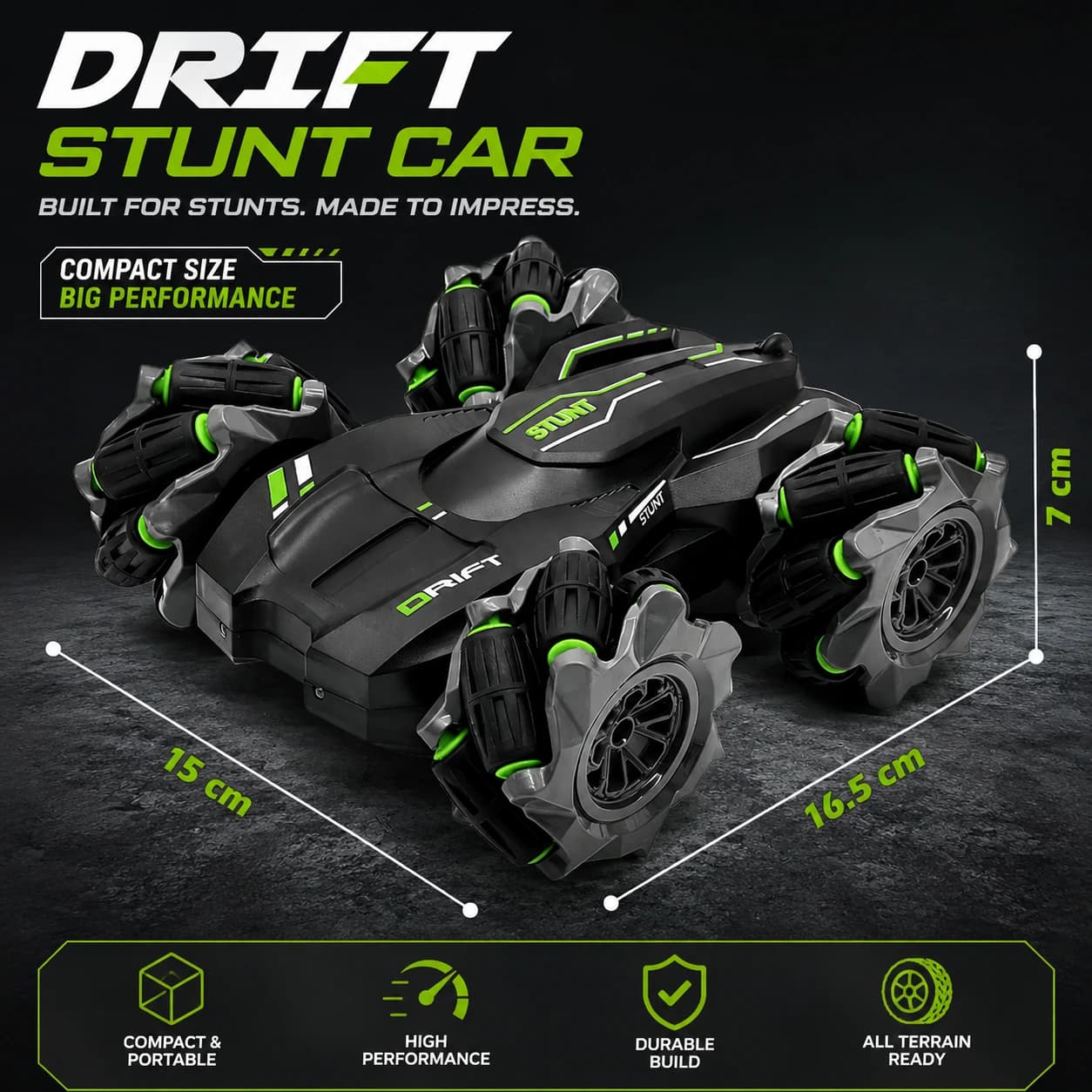 Nextronix 2.4GHz RC Stunt Drift Car | 360° Double-Sided Rotating 4WD | LED Lights | USB Rechargeable | All-Terrain Off-Road Remote Control Car for Kids 5