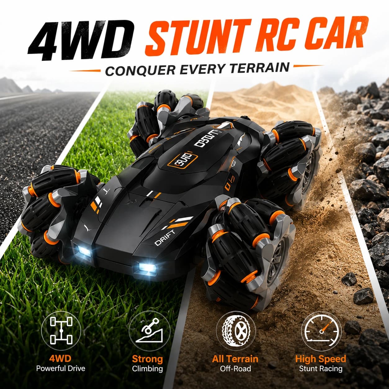 Nextronix 2.4GHz RC Stunt Drift Car | 360° Double-Sided Rotating 4WD | LED Lights | USB Rechargeable | All-Terrain Off-Road Remote Control Car for Kids 2