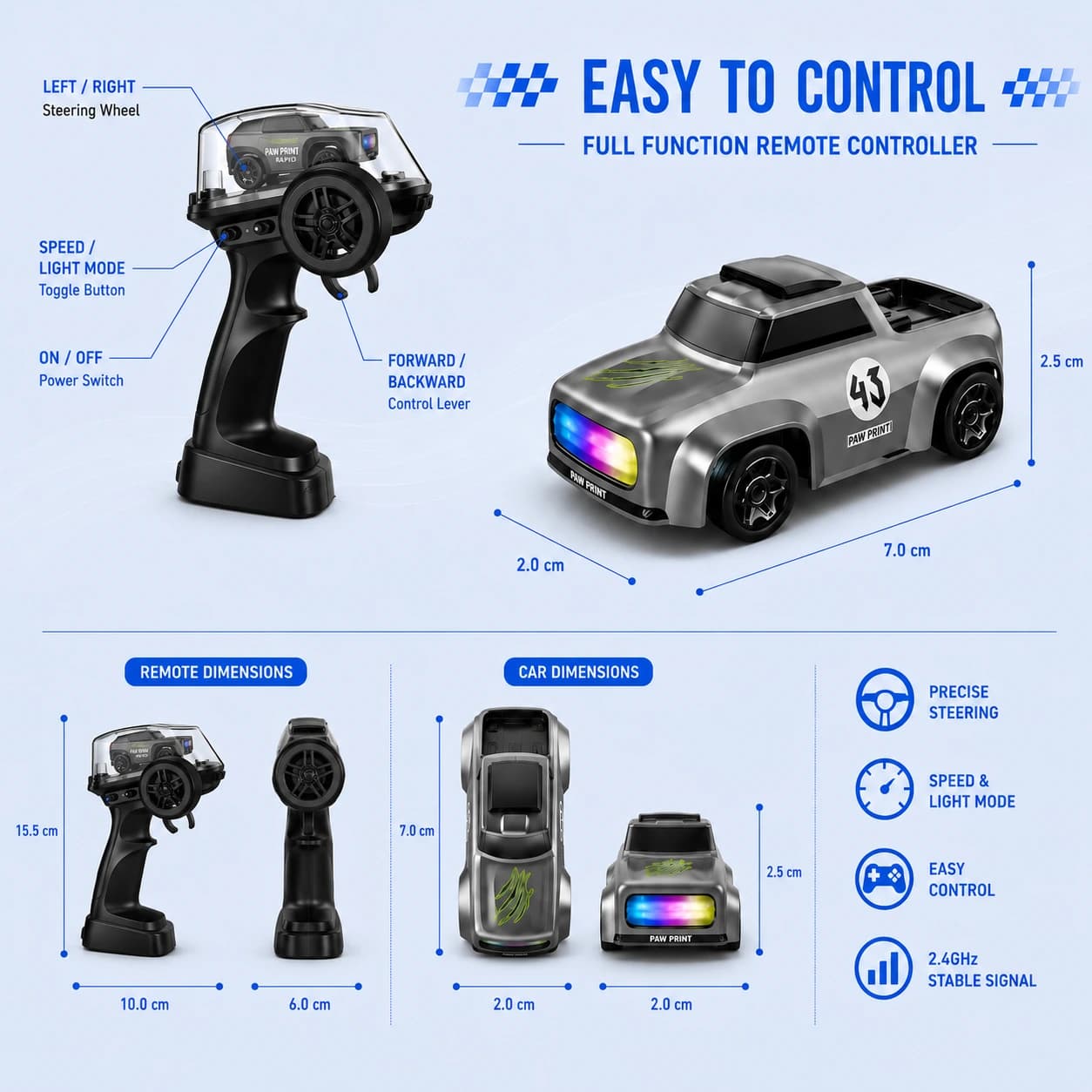 Nextronix 1:64 RC Drift Car | 2.4GHz Remote Control | Type-C Rechargeable Battery | LED Lights | High Speed Mini Racing Car 5