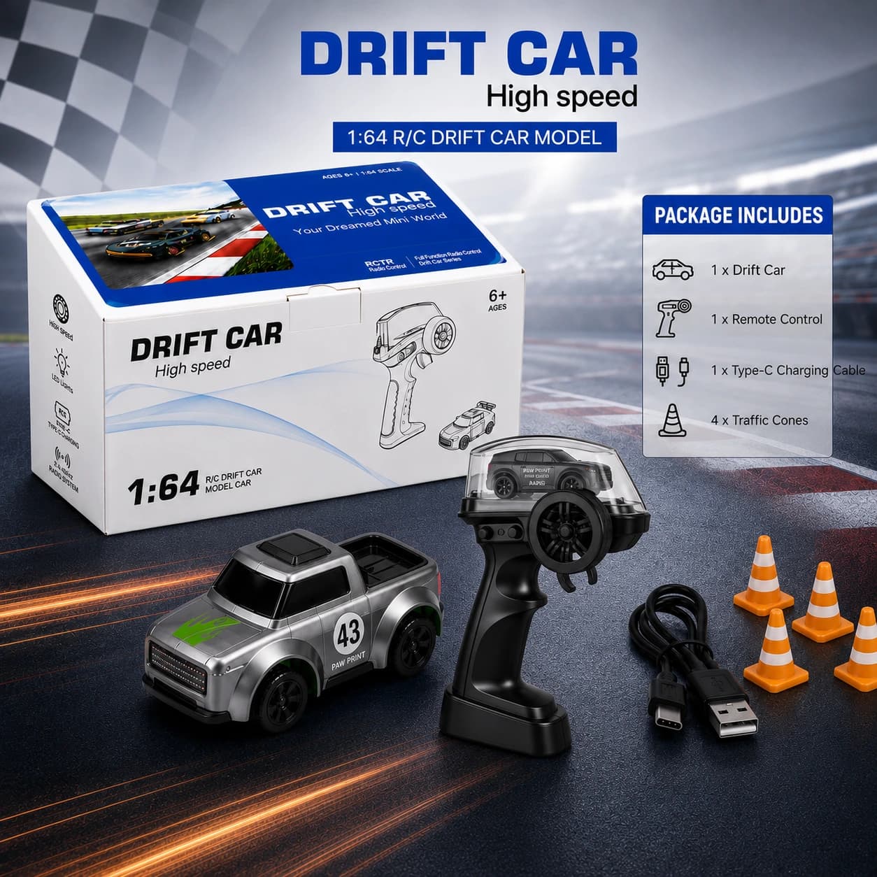 Nextronix 1:64 RC Drift Car | 2.4GHz Remote Control | Type-C Rechargeable Battery | LED Lights | High Speed Mini Racing Car 6