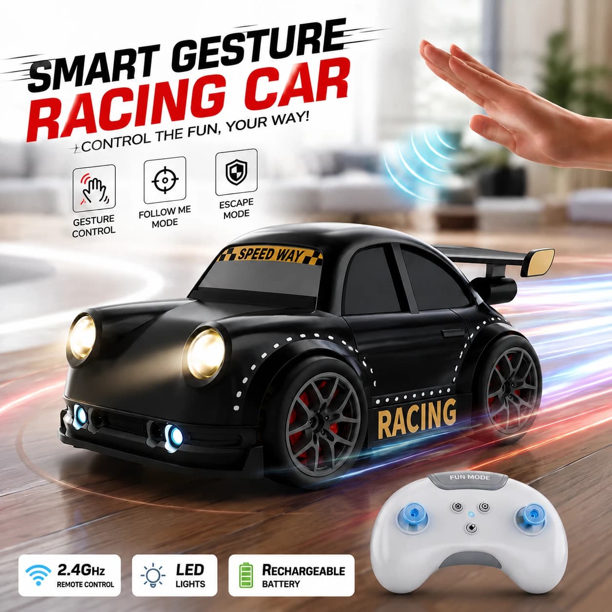 Nextronix Smart Gesture Control RC Racing Car for Kids | 1:16 Scale Remote Control Toy Car with Follow Mode, Escape Mode, LED Lights, Built-in Rechargeable Battery & 2.4GHz Controller 2