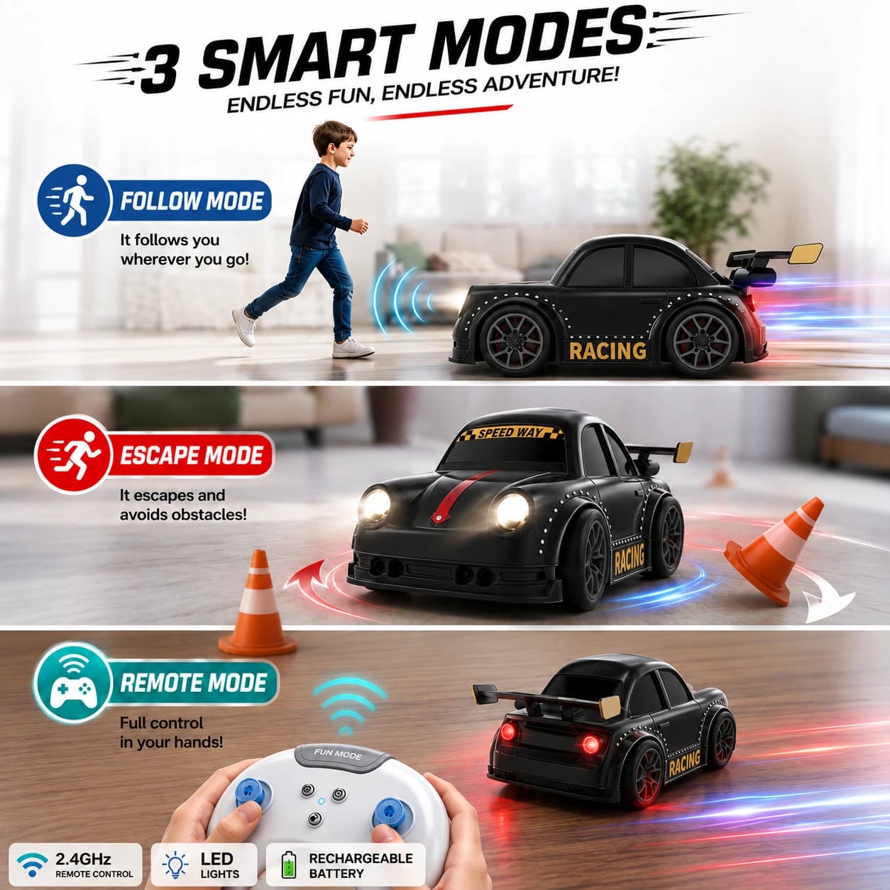 Nextronix Smart Gesture Control RC Racing Car for Kids | 1:16 Scale Remote Control Toy Car with Follow Mode, Escape Mode, LED Lights, Built-in Rechargeable Battery & 2.4GHz Controller 3