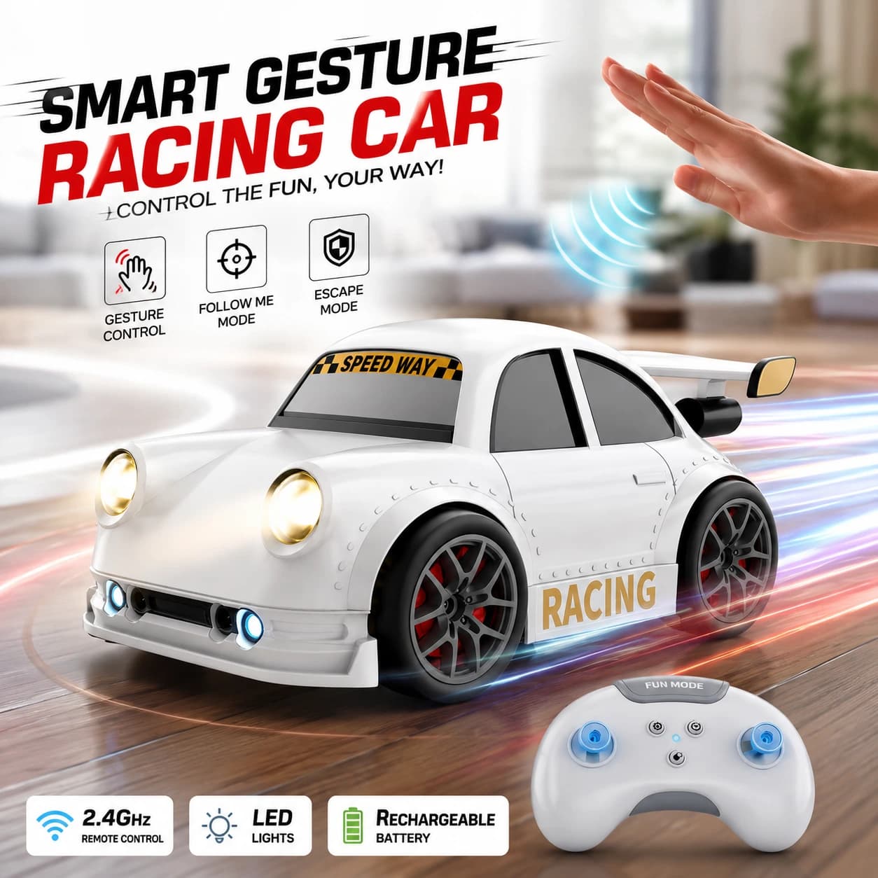 Nextronix Smart Gesture Control RC Racing Car for Kids | 1:16 Scale Remote Control Toy Car with Follow Mode, Escape Mode, LED Lights, Built-in Rechargeable Battery & 2.4GHz Controller 2
