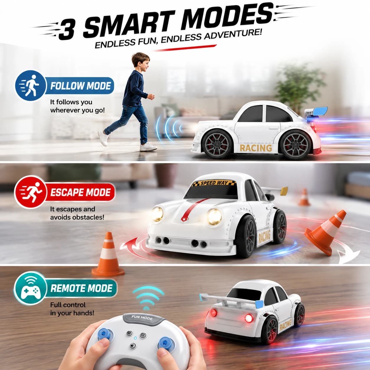 Nextronix Smart Gesture Control RC Racing Car for Kids | 1:16 Scale Remote Control Toy Car with Follow Mode, Escape Mode, LED Lights, Built-in Rechargeable Battery & 2.4GHz Controller 3