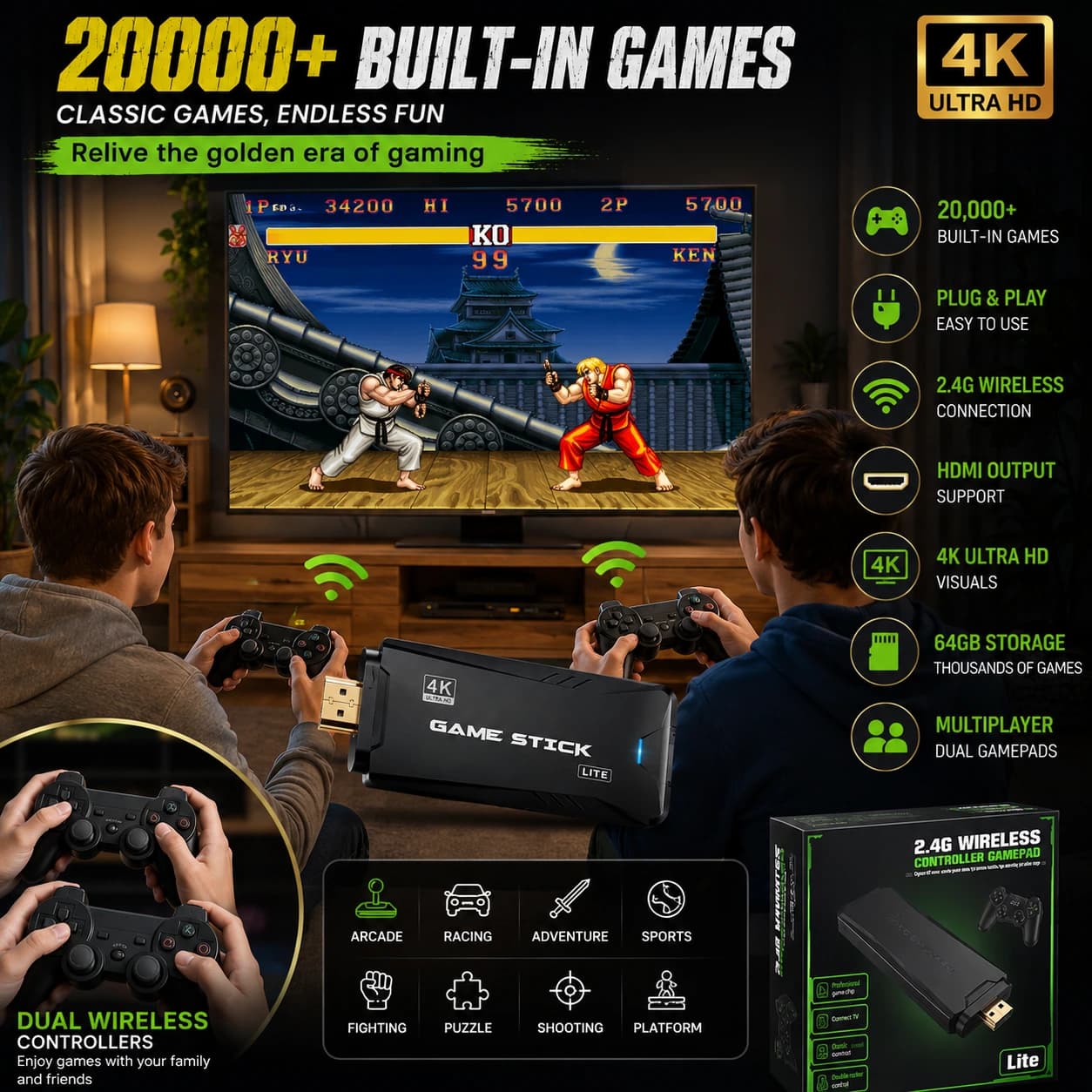 Nextronix M8 Retro Arcade Console – 4K HDMI Plug & Play TV Gaming Stick with Dual Wireless Controllers & 20000+ Built-in Games 3