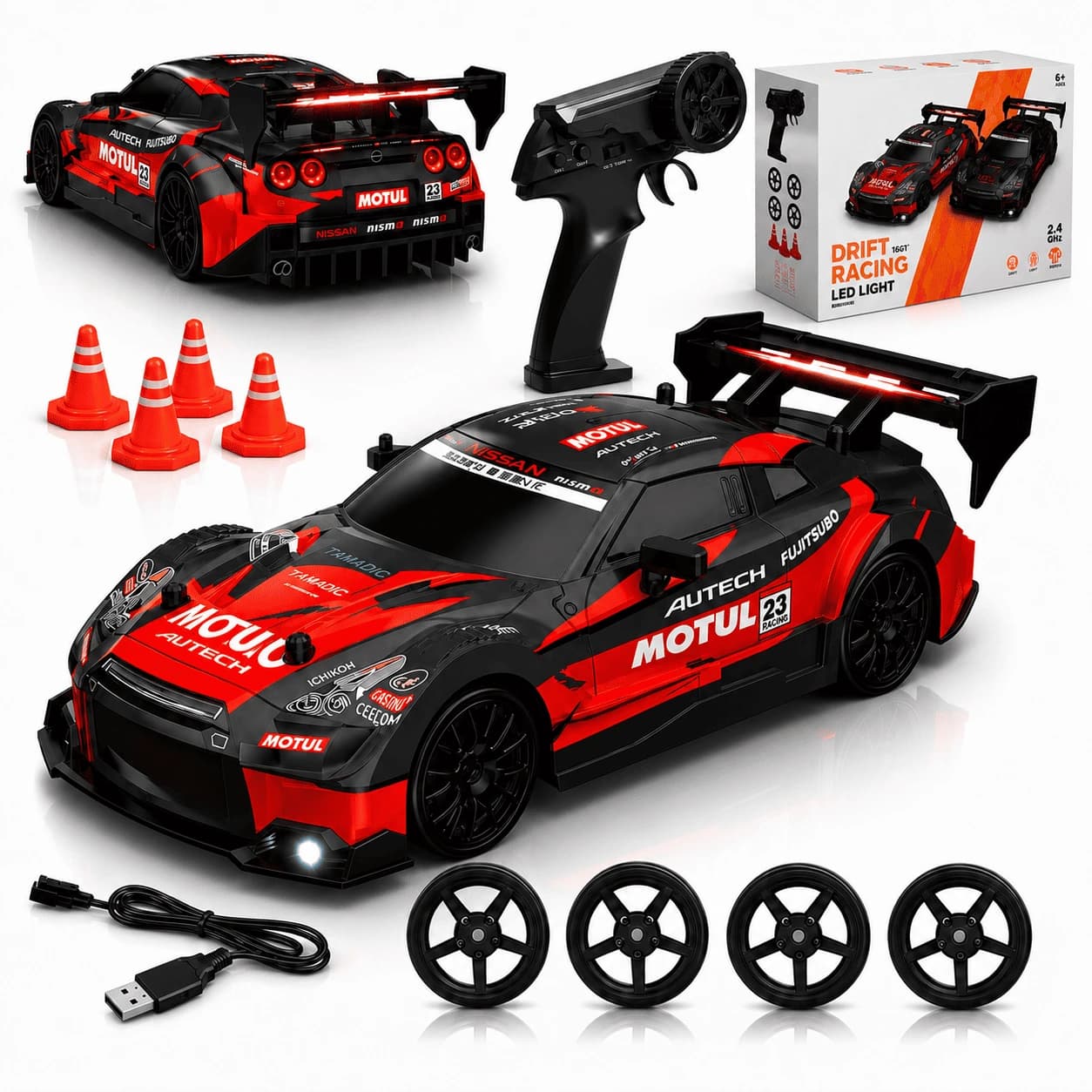 Nextronix 1:24 RC Drift Car | 24 km/h High Speed | 2.4GHz Remote | USB Rechargeable | LED Lights | Extra Drift Tires 1