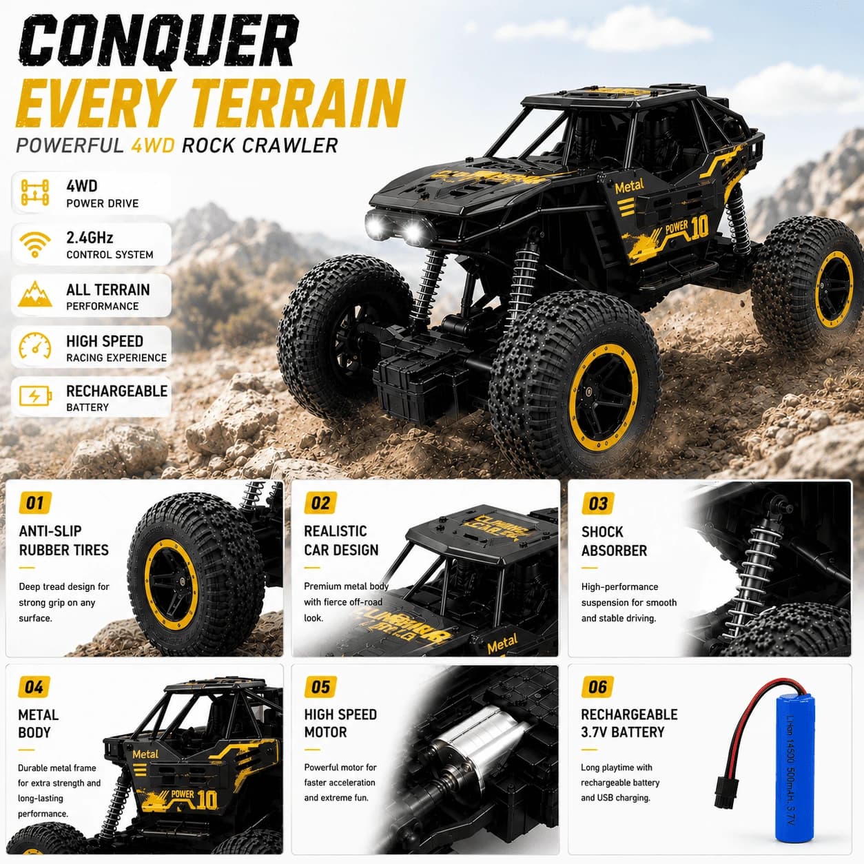 Rock Crawler RC Car with Real Fog Effect | Rechargeable 2WD Off-Road Monster Truck 4