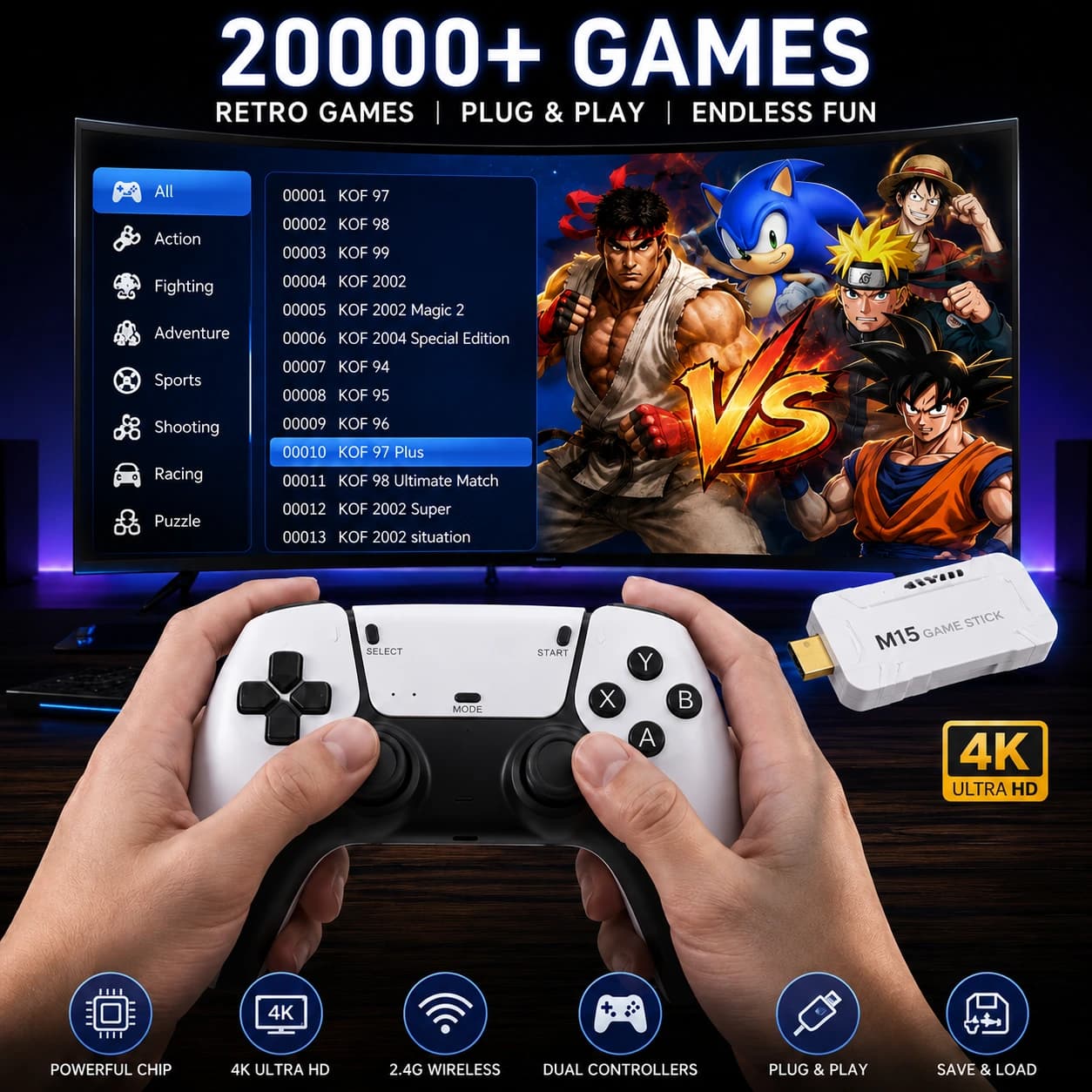 Nextronix M15 4K Retro Game Stick Console | 20,000+ Built-in Games | Dual Wireless Controllers | HDMI Plug & Play TV Gaming | Classic Arcade & Multiplayer Console 3