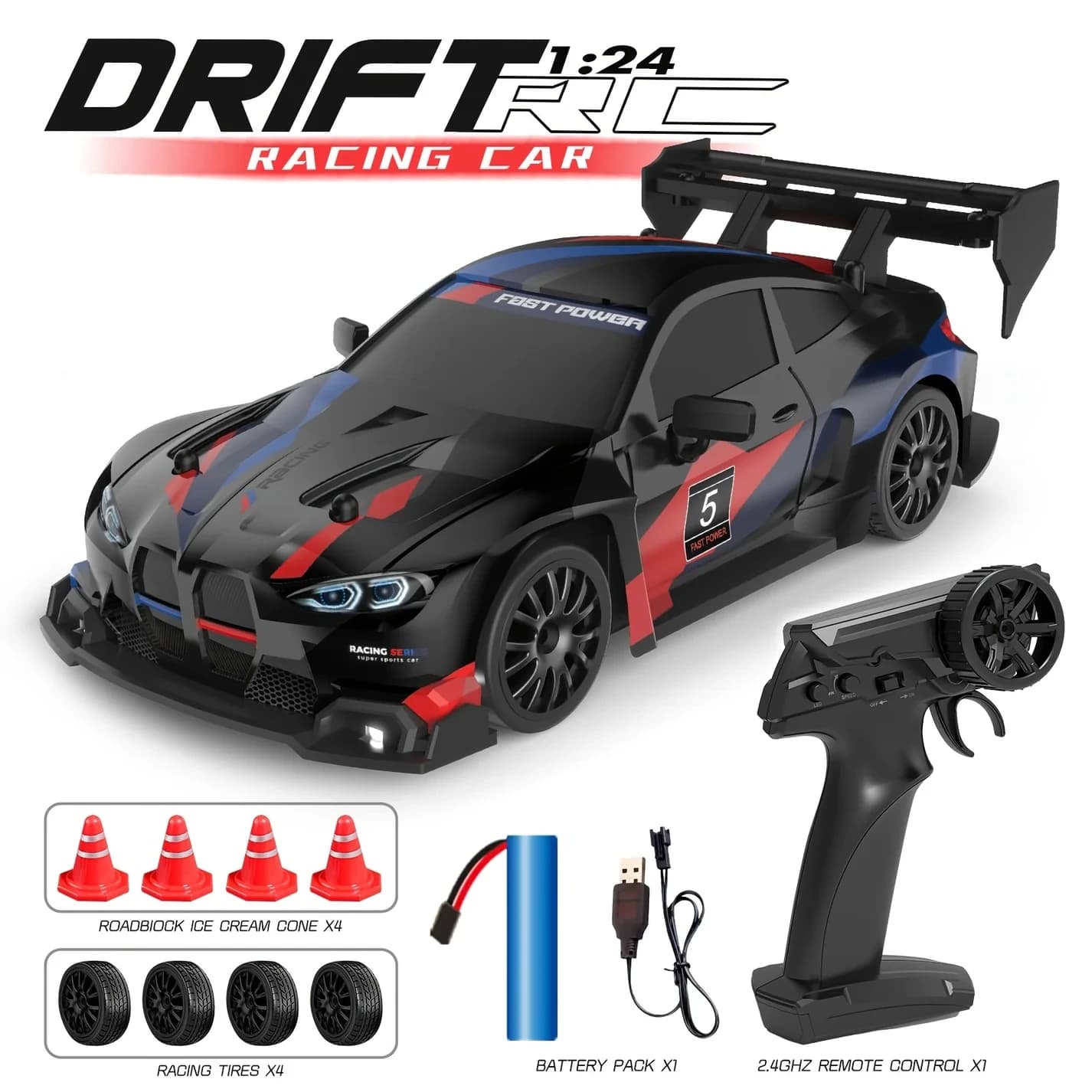 Nextronix BMW 1:24 RC Drift Car | 24 km/h High Speed | 2.4GHz Remote | USB Rechargeable | LED Lights | Extra Drift Tires 1