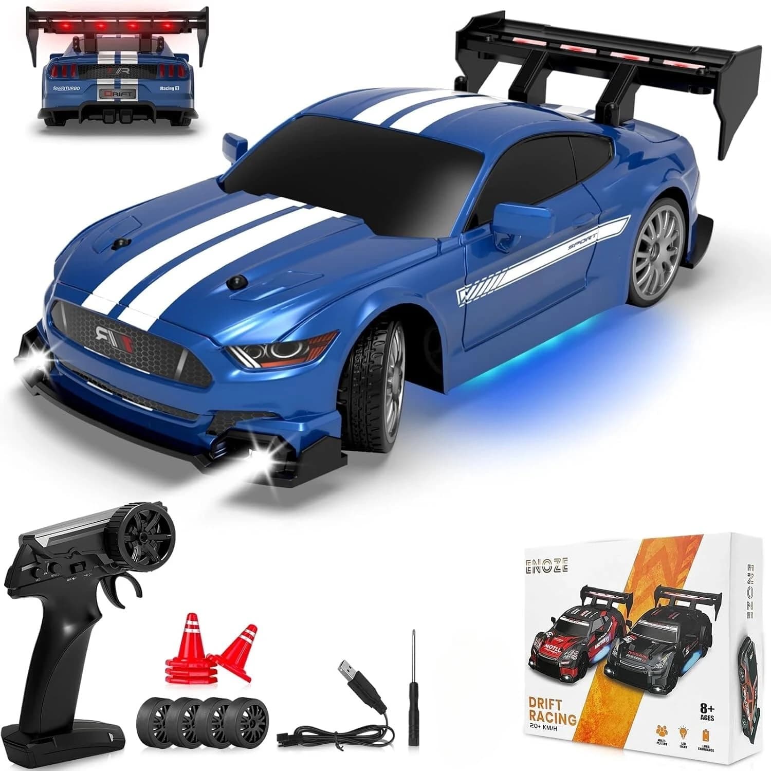 Nextronix Mustang 1:24 RC Drift Car | 24 km/h High Speed | 2.4GHz Remote | USB Rechargeable | LED Lights | Extra Drift Tires 1