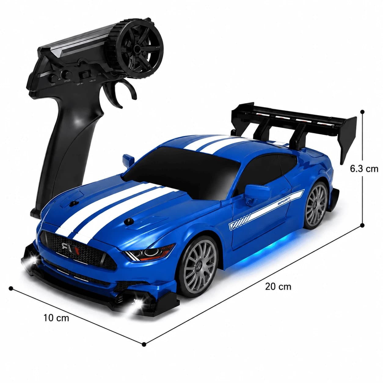 Nextronix Mustang 1:24 RC Drift Car | 24 km/h High Speed | 2.4GHz Remote | USB Rechargeable | LED Lights | Extra Drift Tires 4