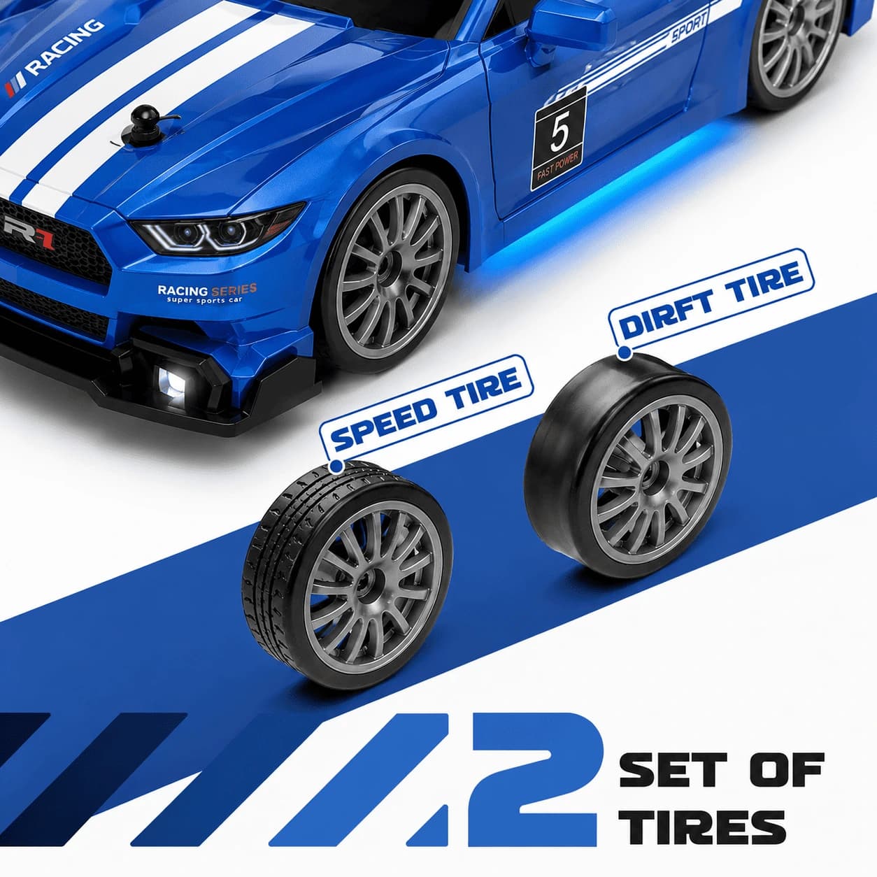 Nextronix Mustang 1:24 RC Drift Car | 24 km/h High Speed | 2.4GHz Remote | USB Rechargeable | LED Lights | Extra Drift Tires 3
