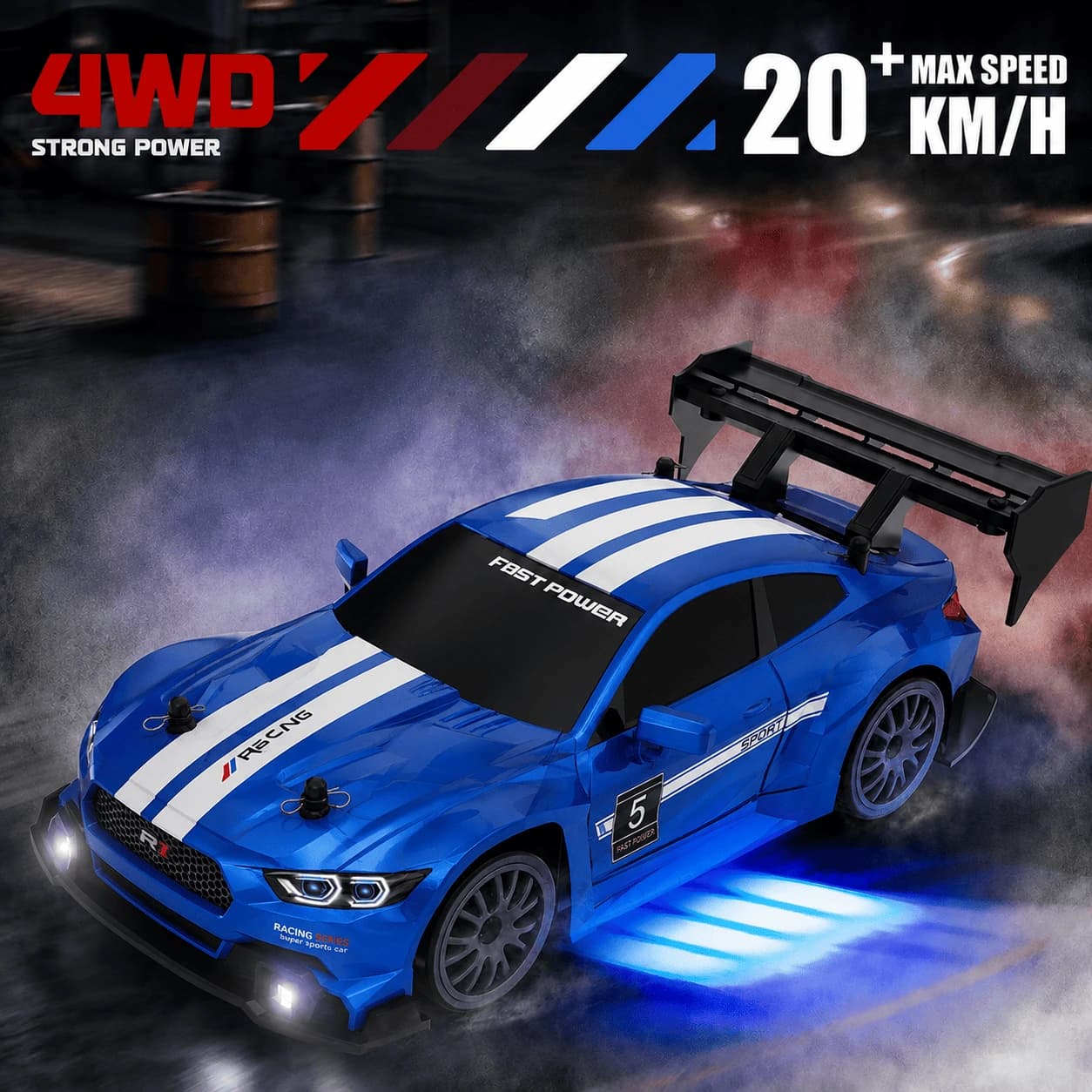 Nextronix Mustang 1:24 RC Drift Car | 24 km/h High Speed | 2.4GHz Remote | USB Rechargeable | LED Lights | Extra Drift Tires 2