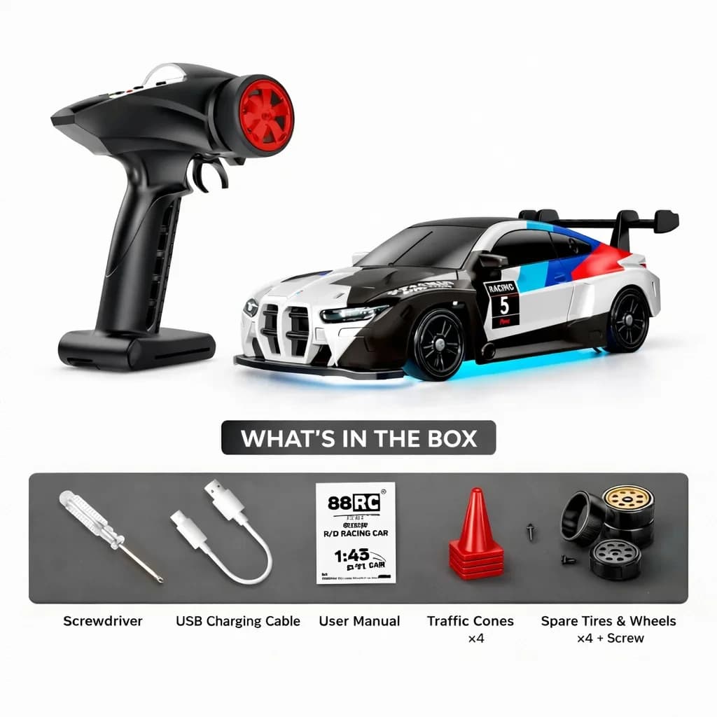 Nextronix BMW M4 Style 1:43 Scale 4WD Gyro RC Drift Car with Alloy Body, 2.4GHz Remote Control & LED Lights – White 5