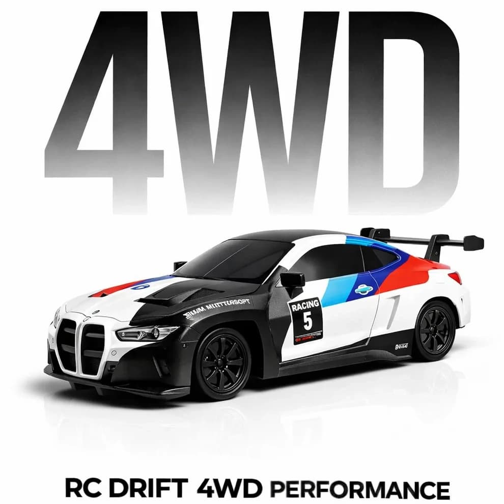 Nextronix BMW M4 Style 1:43 Scale 4WD Gyro RC Drift Car with Alloy Body, 2.4GHz Remote Control & LED Lights – White 3