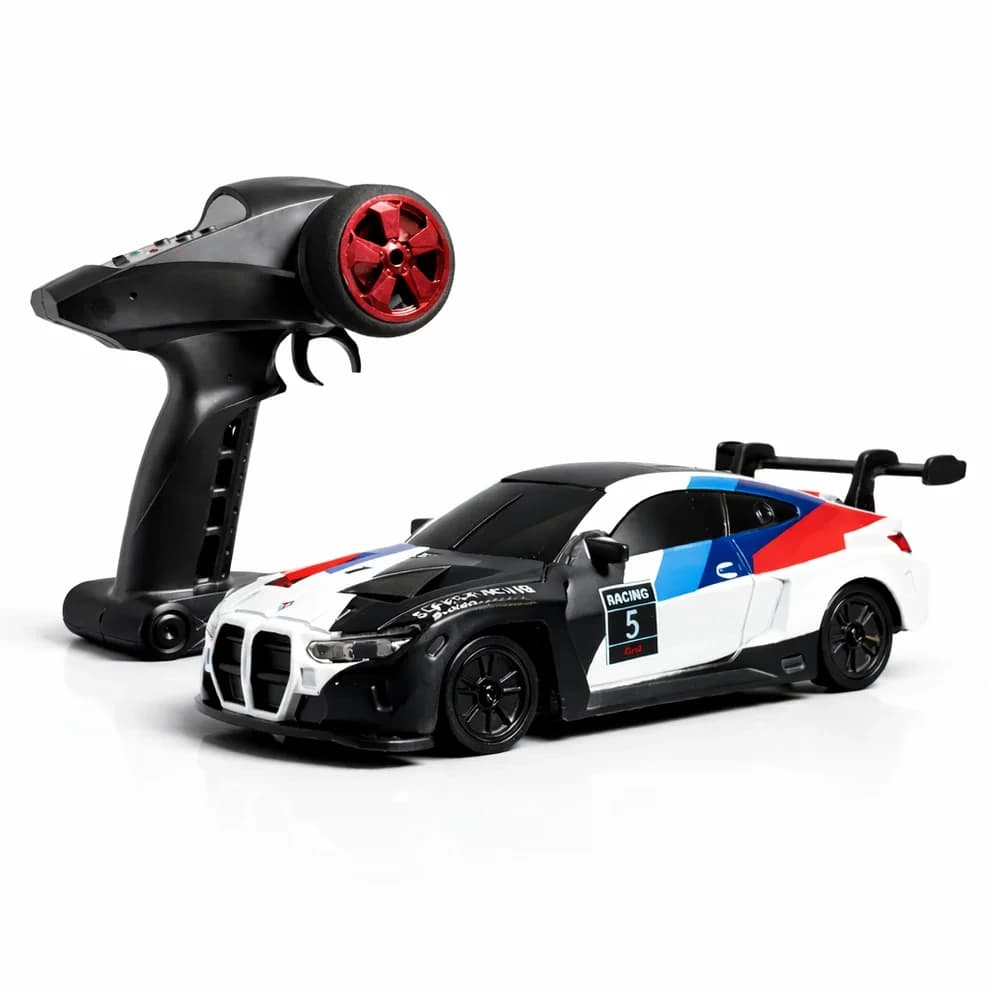 Nextronix BMW M4 Style 1:43 Scale 4WD Gyro RC Drift Car with Alloy Body, 2.4GHz Remote Control & LED Lights – White 1
