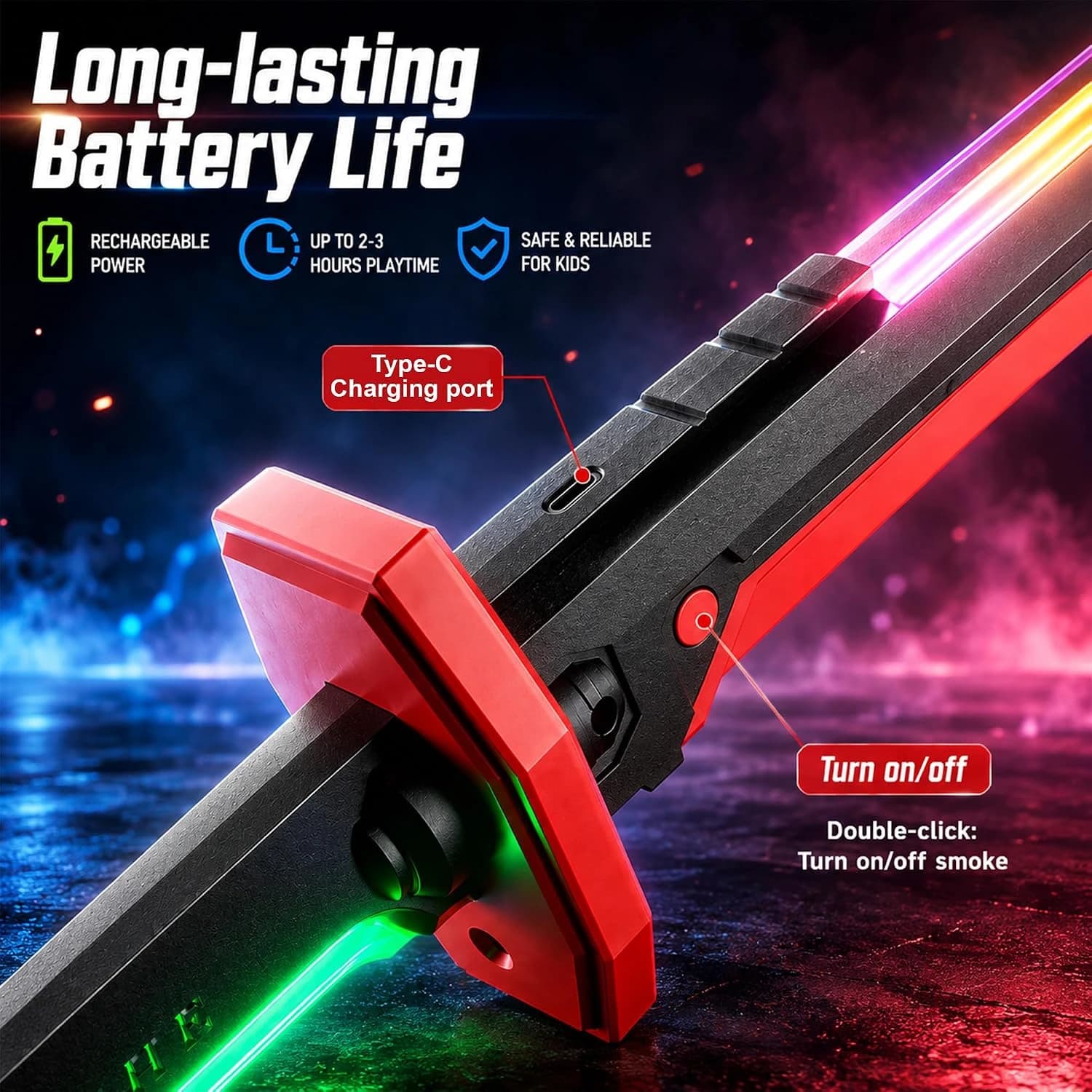 Nextronix Sword Toy with Hit Sensor, Sound Effects, Fog Effect & Type-C Rechargeable Battery 3