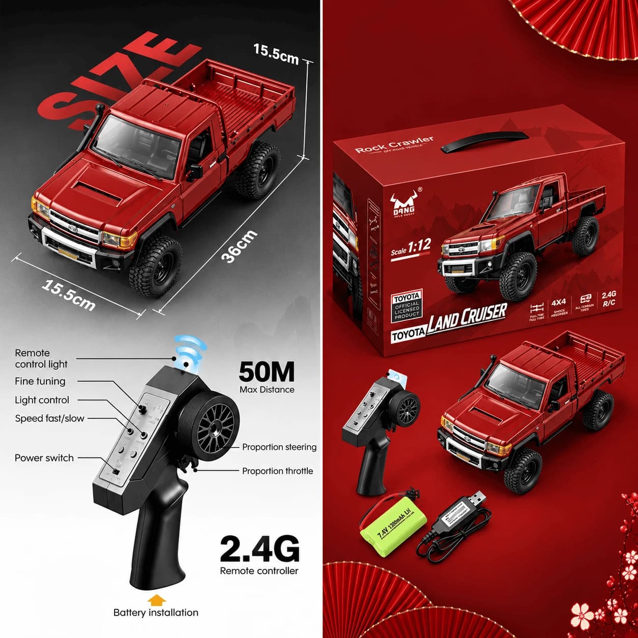 Nextronix Toyota Land Cruiser LC79 MN82 RC Off-Road Crawler, 1:12 Scale, 36 cm, Red, 4WD with Proportional Steering 4
