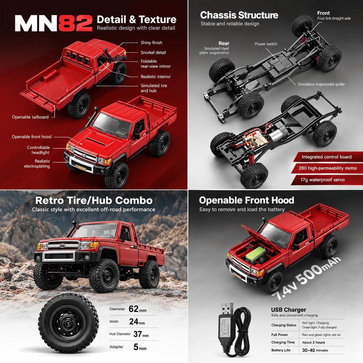 Nextronix Toyota Land Cruiser LC79 MN82 RC Off-Road Crawler, 1:12 Scale, 36 cm, Red, 4WD with Proportional Steering 3